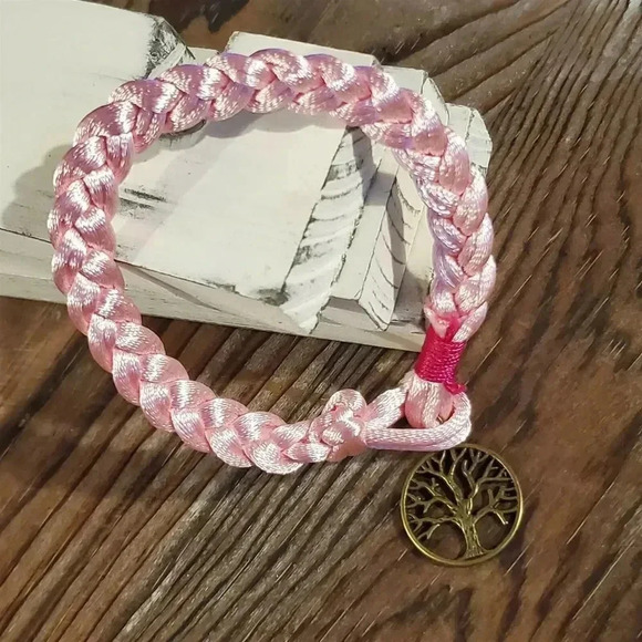 Braided Pale Pink Silk Antique Brass Tree of Life Charm Button Bracelet - Picture 4 of 5